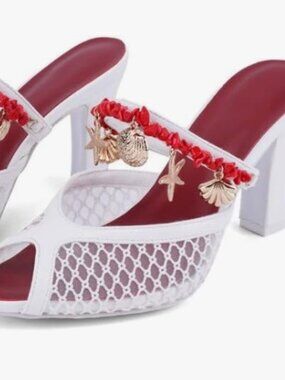 MLTT Women's Beaded Mesh Mules, Peep Toe Block Heels with Shell Charms